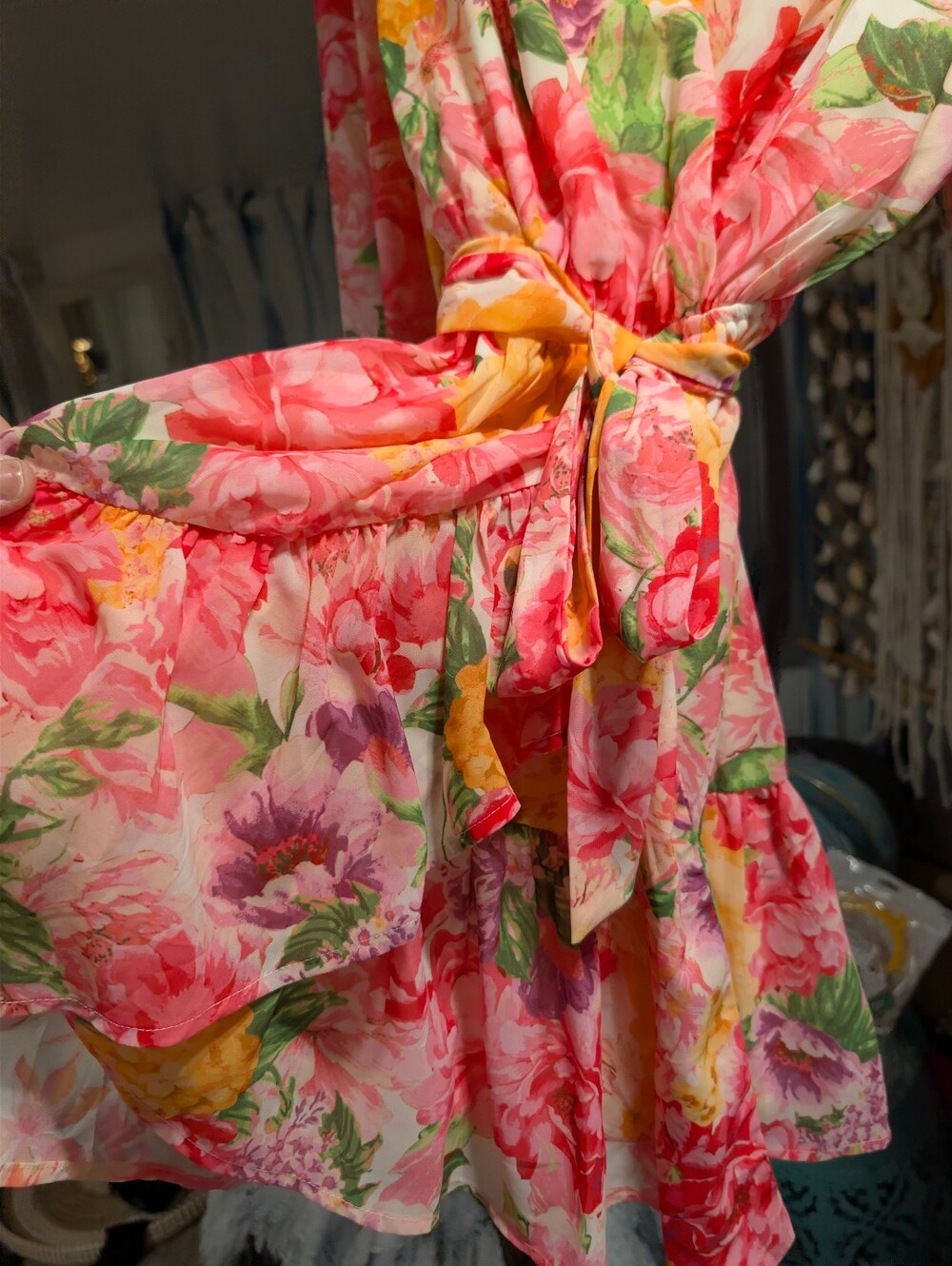 Flying Tomato Floral Long Sleeve Tie Waist Dress Pink Coral Yellow Size M